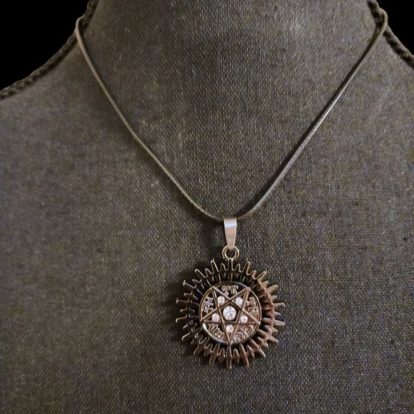 *5/35*  Gothic Stainless Steel Gunmetal Rhinestone Pentacle Necklace - Picture 1 of 4